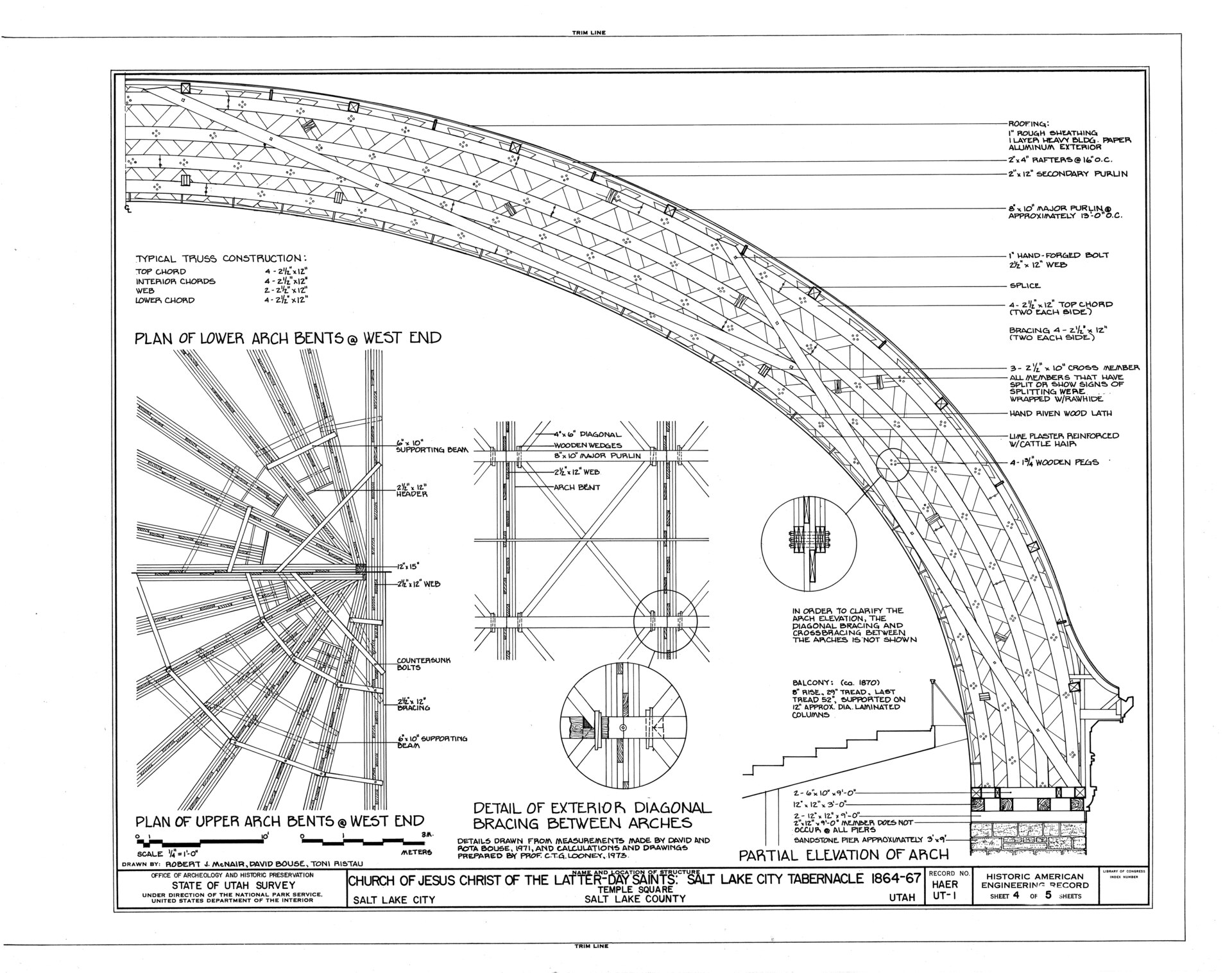 HAER／木造アーチ構法図。HAER UT-1 sheet 4 of 5。アーチの部材・接合と外周支持部を示す実測図。現況を記録した図で、1867年の原設計図ではない。 作図年未確認（HAER UT-1 sheet 4）。