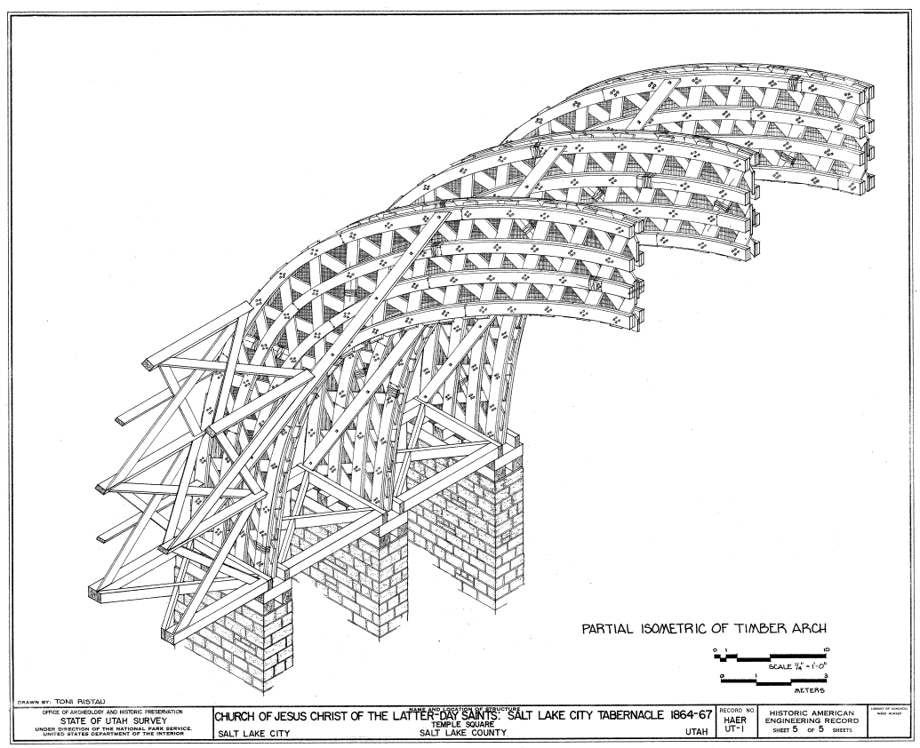 HAER／木製アーチの等角図。HAER UT-1 sheet 5 of 5、Toni Ristauによる木製格子アーチの部分等角図。部材と石造支持部の関係を示す。断面図ではなく、作図年未確認。