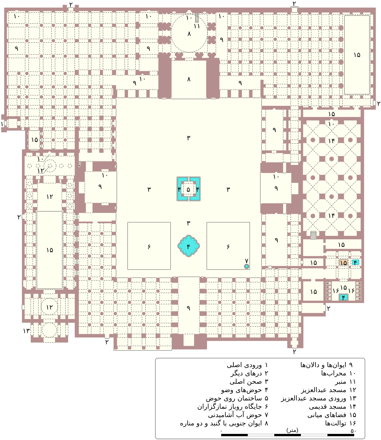 イスファハン／1840年図由来の平面。Pascal Costeの1840年頃のJāmeʿ Mosque図に基づく2019年の再作図。現在の実測図ではなく、中庭と四イーワーンの関係を読む。