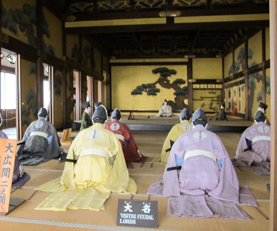 二条城・大広間一の間／現代の人形展示。二の丸御殿・大広間一の間の現況写真。人形と説明札は現代の再現展示であり、江戸期の対面場面を写した写真ではない。上段、畳、障壁画の位置だけを建築の証拠として読む。