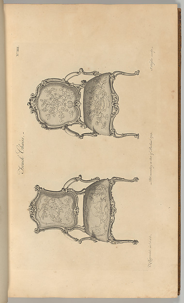 Chippendale図案書の椅子図案。同じ1762年版に収められた椅子二案。製作家具と比べるための刊本図版であり、現存する椅子そのものの記録ではない。