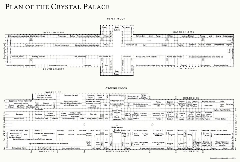 Crystal Palace・平面。同時代の平面図。反復する区画と横断する歩行軸を内観図と照合する。
