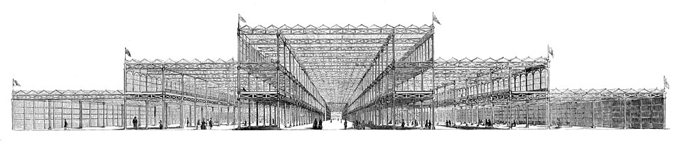 Crystal Palace・1851年の断面図。1851年刊の断面。外観のガラス面だけでなく屋根の高さと支持の配置を読む。