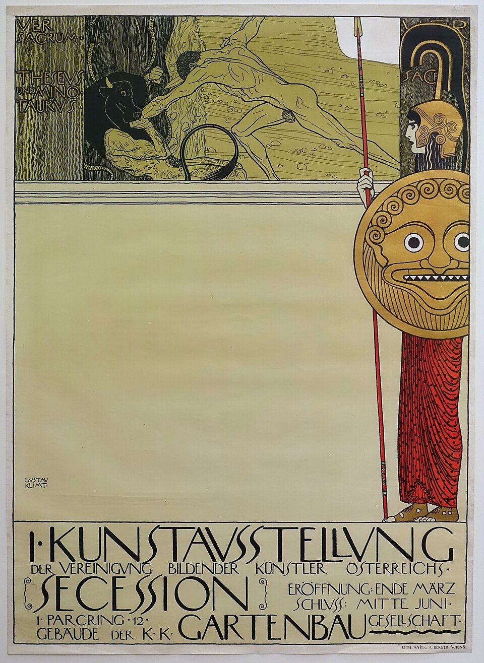 分離派第1回展ポスター。Klimtが手掛けた1898年第1回展のポスター。会館・雑誌とは別の観客への呼びかけ。2017年の展示写真。