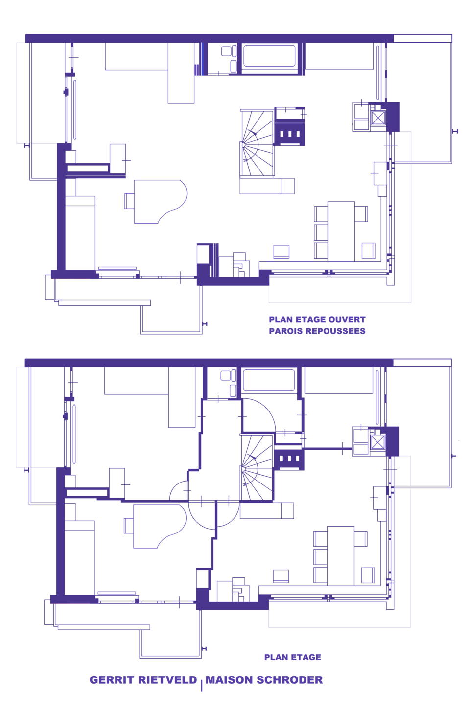 Rietveld Schröder House・可変平面模式図。2017年作成の説明図。上階の仕切り開閉で位置関係が変わることを現況写真と照合する。1924年の原図ではない。