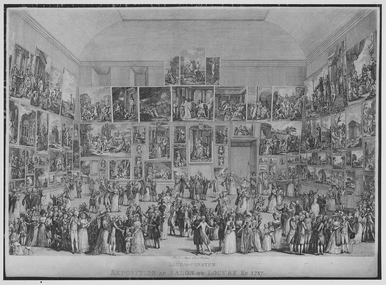 1787年のサロンを描く版画。P. A. Martiniによる同時代の版画。別の場所・時代の展示像で、実測写真ではない。